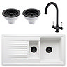 Bower Ceramic 1.5 Bowl Kitchen Sink & Traditional Pull-Out Kitchen Tap - Matt Black