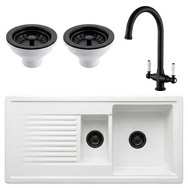 Bower Ceramic 1.5 Bowl Kitchen Sink & Traditional Pull-Out Kitchen Tap - Matt Black