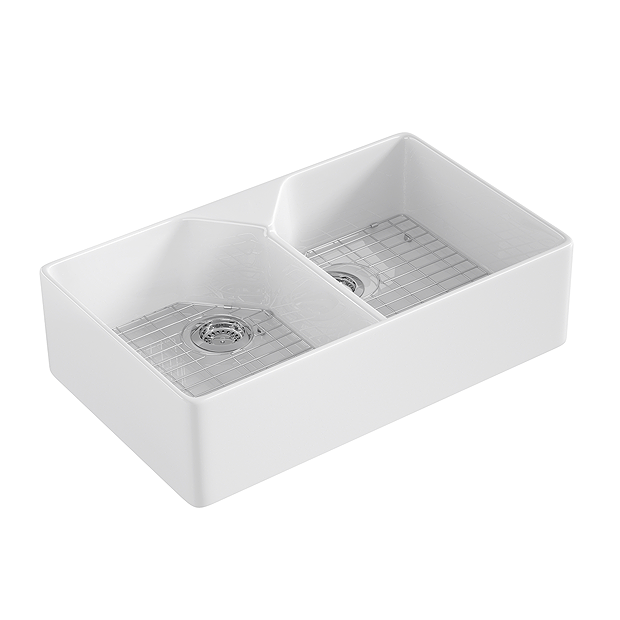 Bower Double Bowl Belfast White Ceramic Kitchen Sink with Drain Grids