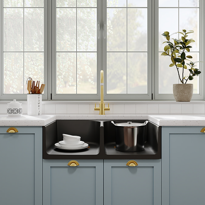 Bower Double Bowl Matt Black Ceramic Belfast Sink with Full Weir 795 x 500 x 220mm