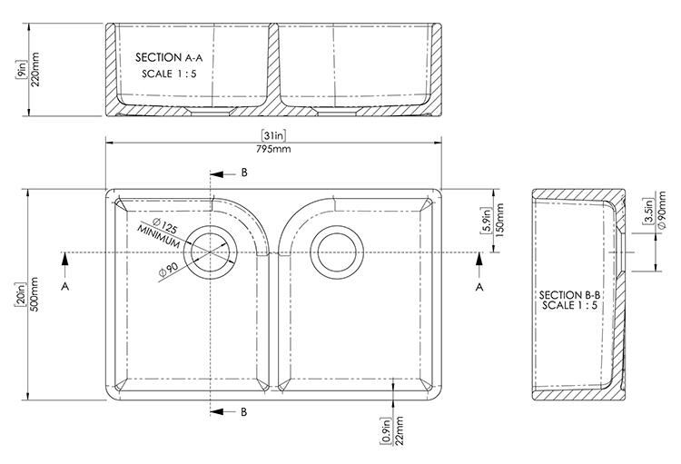 Bower Double Bowl Matt Black Ceramic Belfast Sink with Full Weir 795 x 500 x 220mm