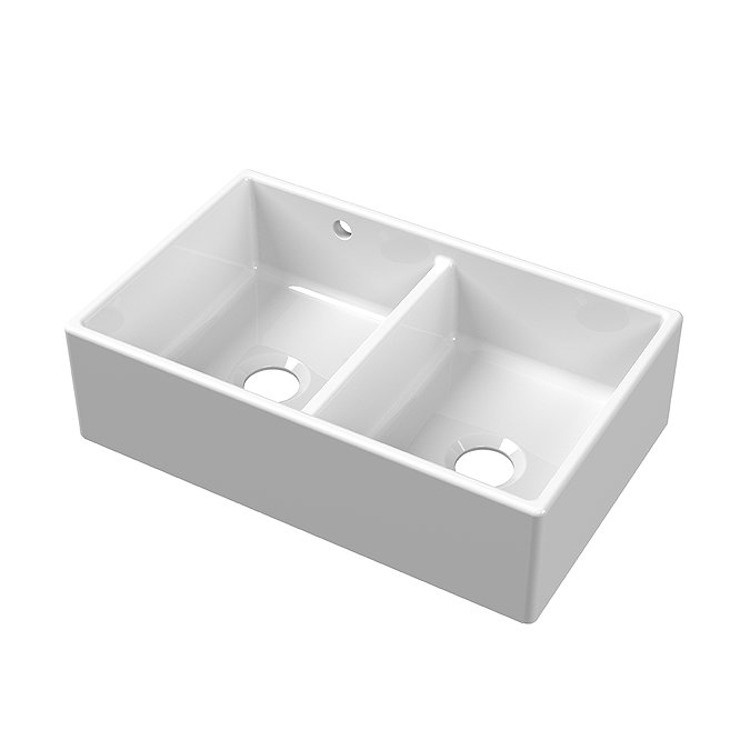 Bower Double Bowl White Ceramic Belfast Sink with Central Waste, Stepped Weir & Overflow 795 x 500 x 220mm