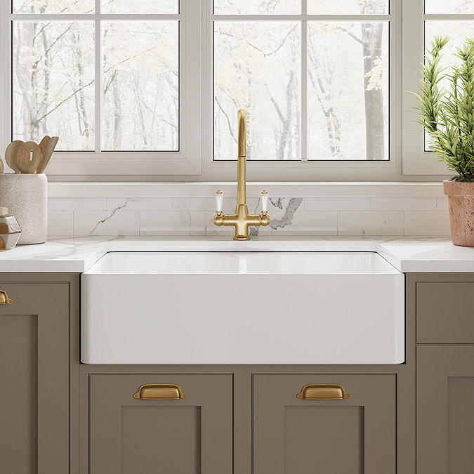 Bower Double Bowl White Ceramic Belfast Sink with Full Weir 795 x 500 x 220mm