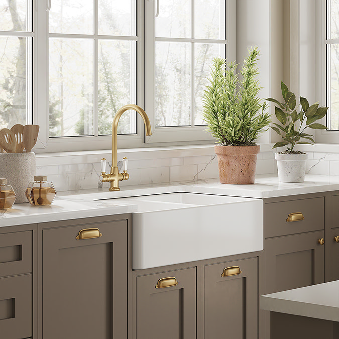 Bower Double Bowl White Ceramic Belfast Sink with Full Weir 795 x 500 x 220mm