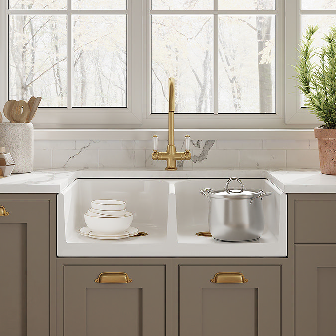 Bower Double Bowl White Ceramic Belfast Sink with Full Weir 795 x 500 x 220mm