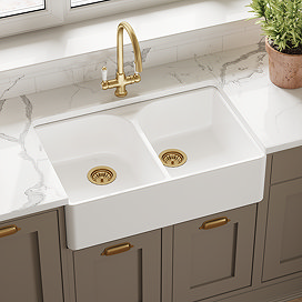 Bower Double Bowl White Ceramic Belfast Sink with Full Weir 795 x 500 x 220mm