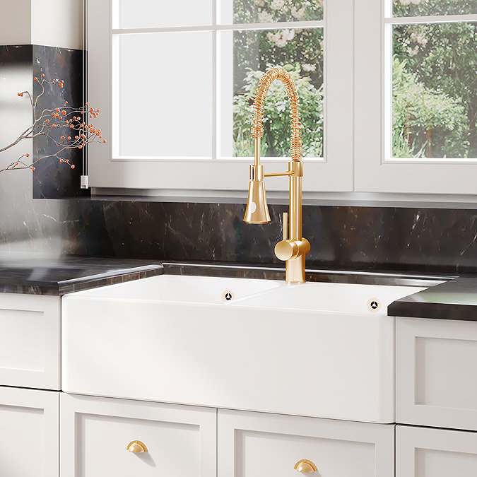 Bower Double Bowl White Ceramic Belfast Sink with Full Weir & Overflow 795 x 500 x 220mm