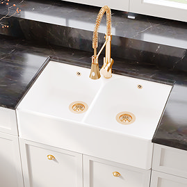 Bower Double Bowl White Ceramic Belfast Sink with Full Weir & Overflow 795 x 500 x 220mm