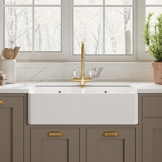 Bower Double Bowl White Ceramic Belfast Sink with Full Weir, Overflow & Tap Hole 795 x 500 x 220mm