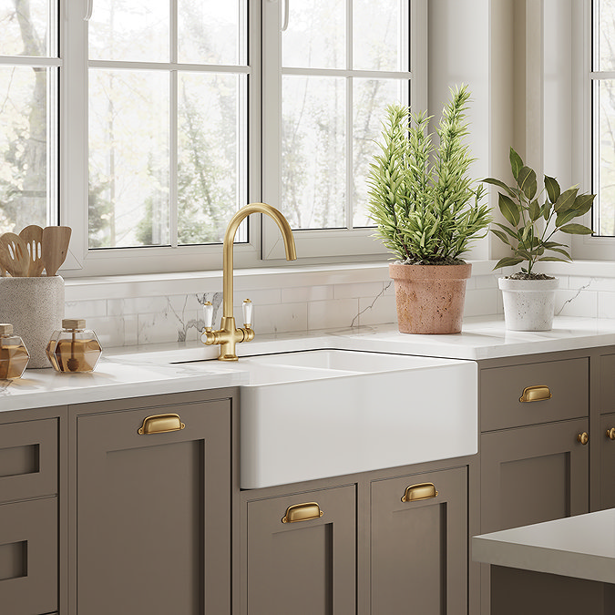 Bower Double Bowl White Ceramic Belfast Sink with Full Weir, Overflow & Tap Hole 795 x 500 x 220mm