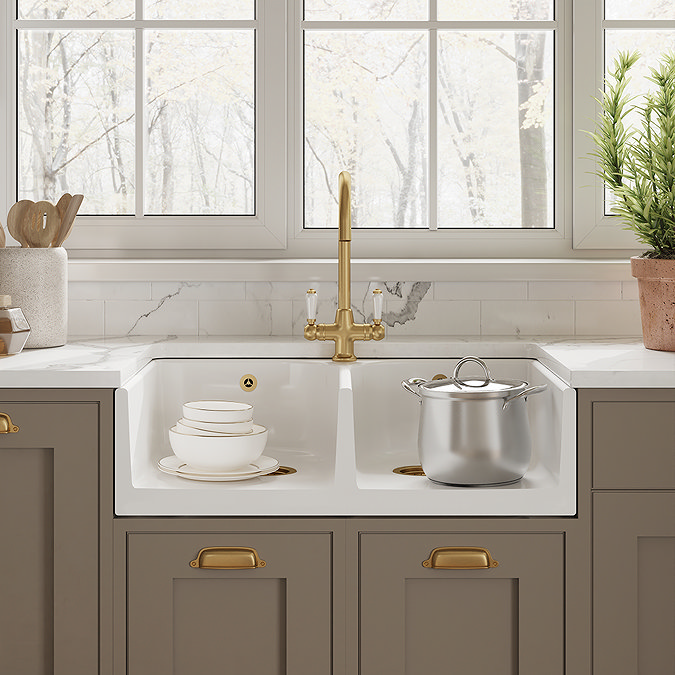 Bower Double Bowl White Ceramic Belfast Sink with Full Weir, Overflow & Tap Hole 795 x 500 x 220mm