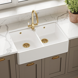 Bower Double Bowl White Ceramic Belfast Sink with Full Weir, Overflow & Tap Hole 795 x 500 x 220mm