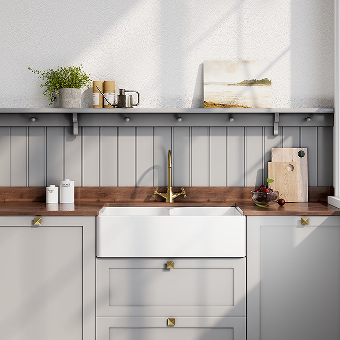 Bower Double Bowl White Ceramic Belfast Sink with Stepped Weir 795 x 500 x 220mm