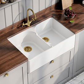 Bower Double Bowl White Ceramic Belfast Sink with Stepped Weir 795 x 500 x 220mm