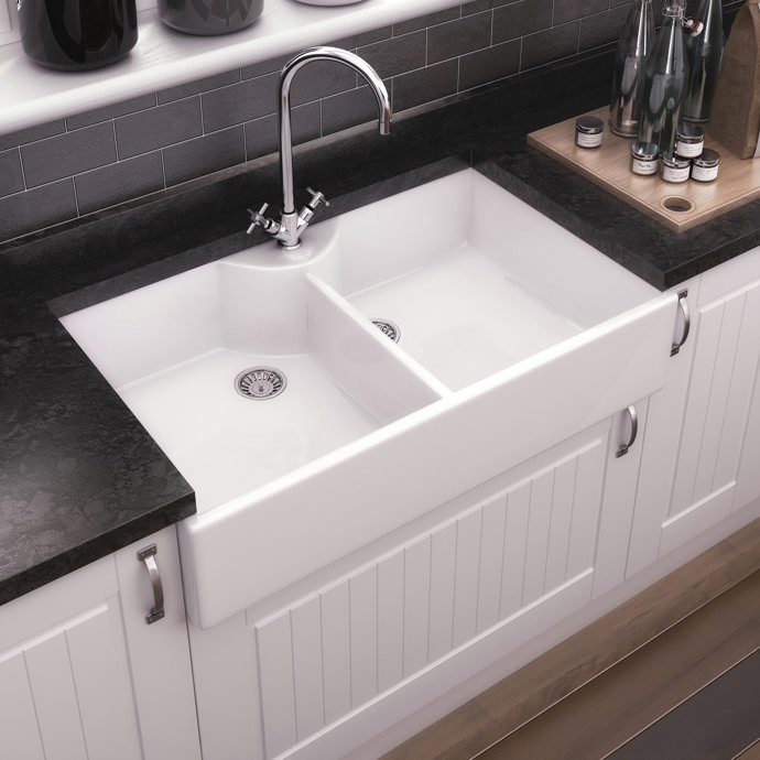 Bower Double Bowl White Ceramic Belfast Sink with Stepped Weir 895 x 550 x 220mm