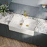 Bower Double Bowl White Ceramic Belfast Sink with Stepped Weir 895 x 550 x 220mm