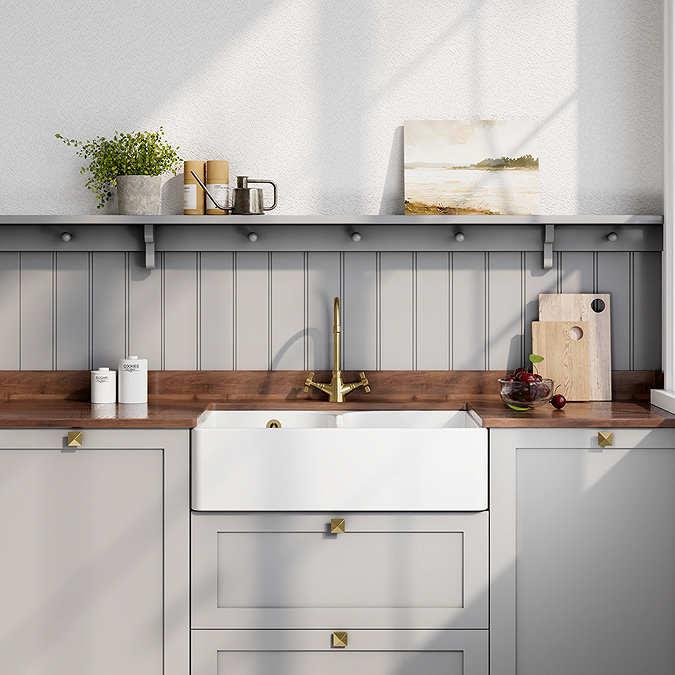 Bower Double Bowl White Ceramic Belfast Sink with Stepped Weir & Overflow 795 x 500 x 220mm