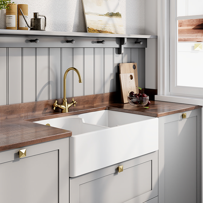 Bower Double Bowl White Ceramic Belfast Sink with Stepped Weir & Overflow 795 x 500 x 220mm