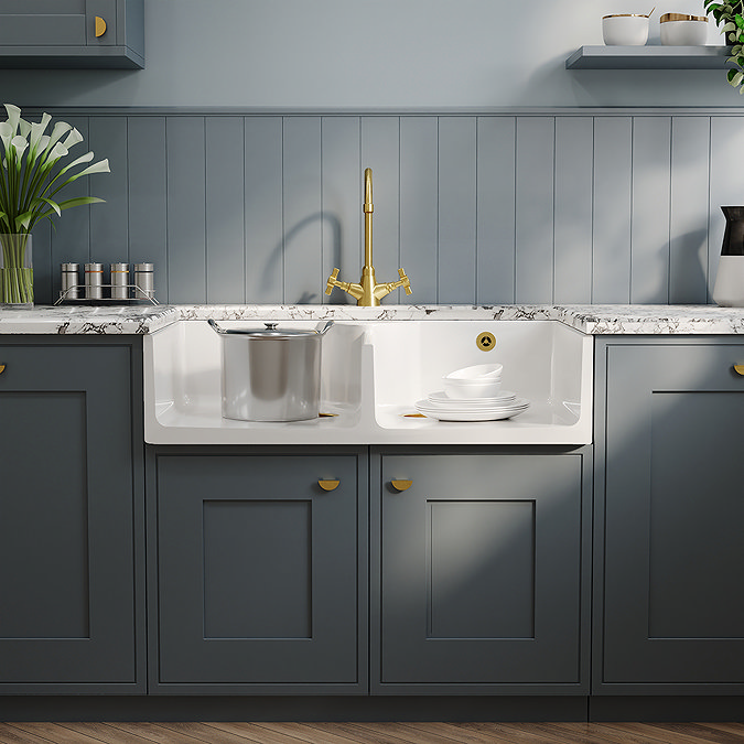 Bower Double Bowl White Ceramic Belfast Sink with Stepped Weir & Overflow 895 x 550 x 220mm