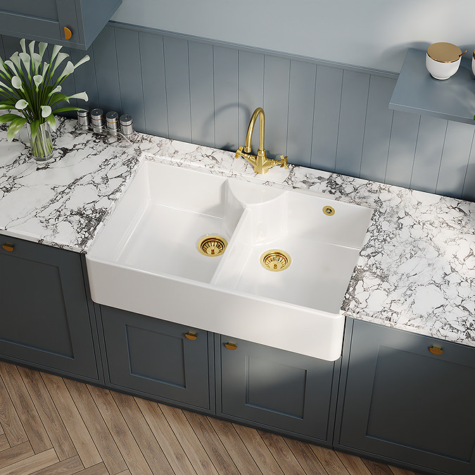 Bower Double Bowl White Ceramic Belfast Sink with Stepped Weir & Overflow 895 x 550 x 220mm