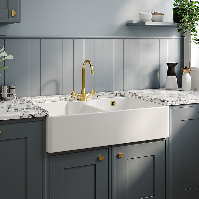 Bower Double Bowl White Ceramic Belfast Sink with Stepped Weir, Overflow & Tap Hole 895 x 550 x 220mm