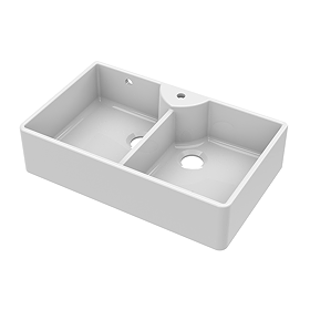 Bower Double Bowl White Ceramic Belfast Sink with Stepped Weir, Overflow & Tap Hole 895 x 550 x 220mm