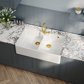 Bower Double Bowl White Ceramic Belfast Sink with Stepped Weir, Overflow & Tap Hole 895 x 550 x 220mm