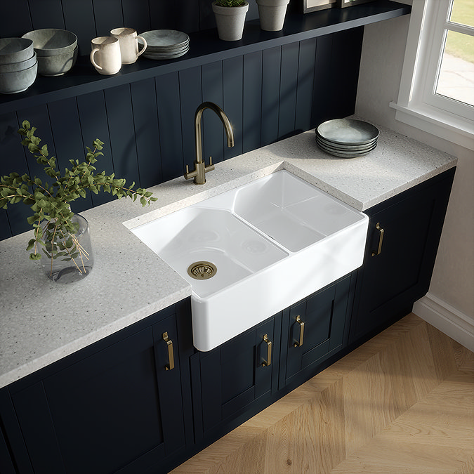 Bower Fireclay Kitchen Bundle - Double Bowl Belfast Sink 795mm, Wastes & Classic Dual Lever Tap - Antique Brass