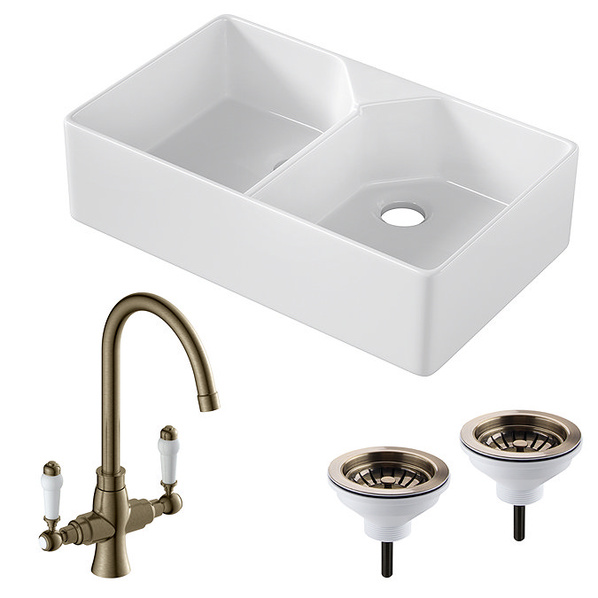 Bower Fireclay Kitchen Bundle - Double Bowl Belfast Sink 795mm, Wastes & Classic Dual Lever Tap - Antique Brass