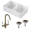 Bower Fireclay Kitchen Bundle - Double Bowl Belfast Sink 795mm, Wastes & Classic Dual Lever Tap - Antique Brass