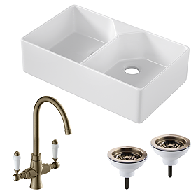 Bower Fireclay Kitchen Bundle - Double Bowl Belfast Sink 795mm, Wastes & Classic Dual Lever Tap - Antique Brass