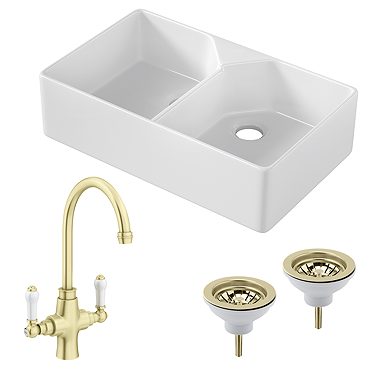 Bower Fireclay Kitchen Bundle - Double Bowl Belfast Sink 795mm, Wastes & Classic Dual Lever Tap - Brushed Brass