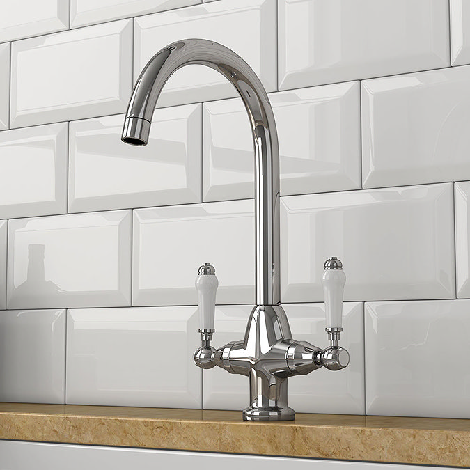 Bower Fireclay Kitchen Bundle - Double Bowl Belfast Sink 795mm, Wastes & Classic Dual Lever Tap - Chrome