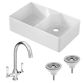 Bower Fireclay Kitchen Bundle - Double Bowl Belfast Sink 795mm, Wastes & Classic Dual Lever Tap - Chrome