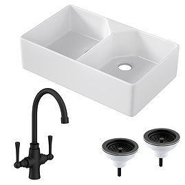 Bower Fireclay Kitchen Bundle - Double Bowl Belfast Sink 795mm, Wastes & Classic Dual Lever Tap - Matt Black