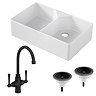 Bower Fireclay Kitchen Bundle - Double Bowl Belfast Sink 795mm, Wastes & Classic Dual Lever Tap - Matt Black