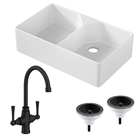 Bower Fireclay Kitchen Bundle - Double Bowl Belfast Sink 795mm, Wastes & Classic Dual Lever Tap - Matt Black