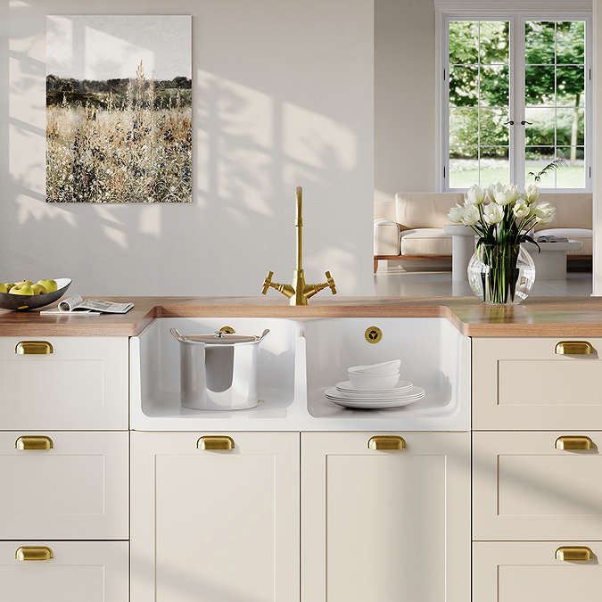 Bower Fluted Double Bowl White Ceramic Belfast Sink with Full Weir & Overflow 795 x 500 x 220mm