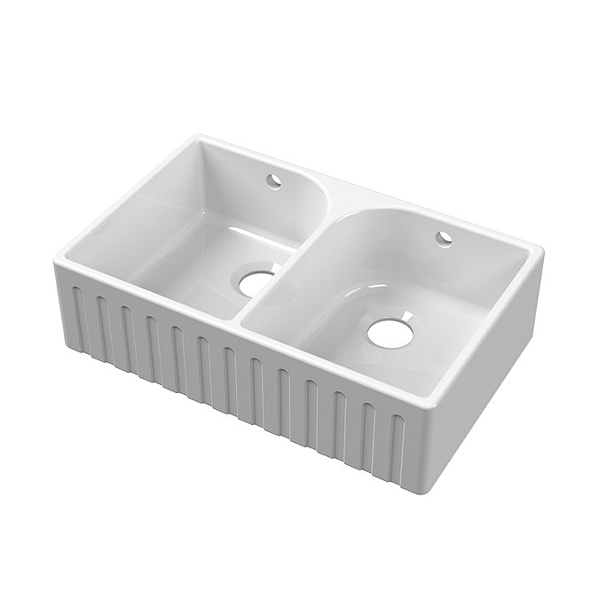 Bower Fluted Double Bowl White Ceramic Belfast Sink with Full Weir & Overflow 795 x 500 x 220mm