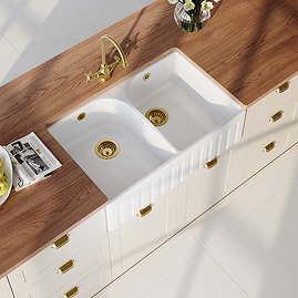 Bower Fluted Double Bowl White Ceramic Belfast Sink with Full Weir & Overflow 795 x 500 x 220mm
