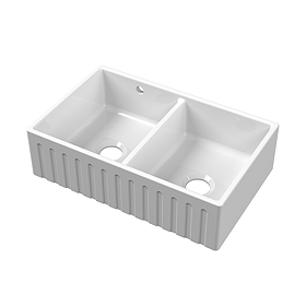 Bower Fluted Double Bowl White Ceramic Belfast Sink with Stepped Weir & Overflow 795 x 500 x 220mm