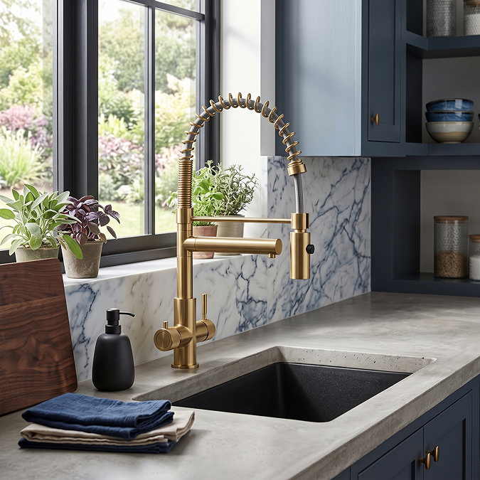 Bower Madrid Directional Spray Instant Boiling Water Lever Tap - Brushed Brass with Boiler & Filter Lifestyle
