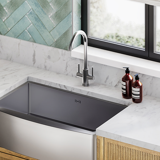 Bower Toronto C-Spout Dual Lever Kitchen Sink Mixer - Polished Stainless Steel