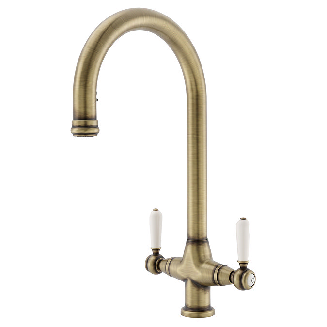 Bower Traditional Antique Brass Dual-Lever Kitchen Tap with Pull-Out Rinse