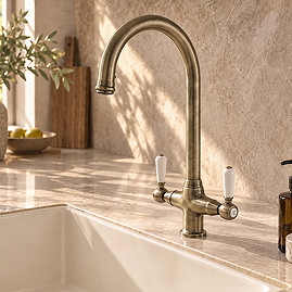 Bower Traditional Antique Brass Dual-Lever Kitchen Tap with Pull-Out Rinse