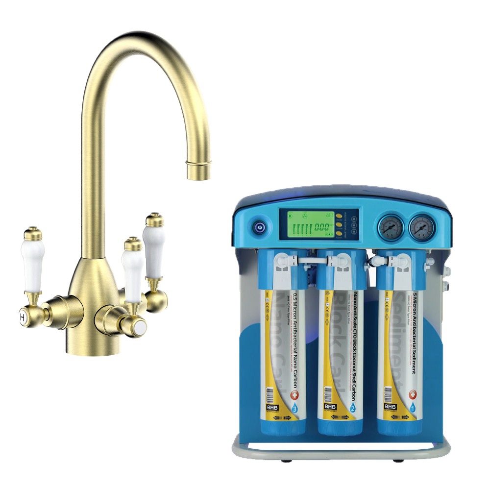 Bower Traditional Brushed Brass 3-in-1 Water Purifier Tap with BMB NOVA ...