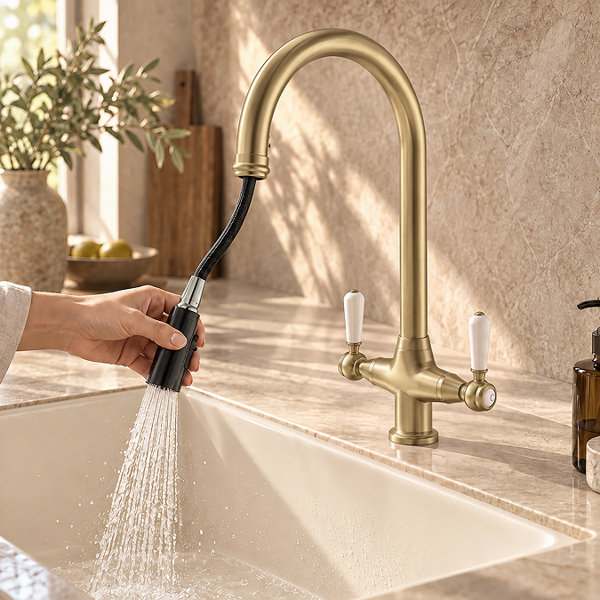 Bower Traditional Brushed Brass Dual-Lever Kitchen Tap with Pull-Out Rinse