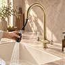 Bower Traditional Brushed Brass Dual-Lever Kitchen Tap with Pull-Out Rinse