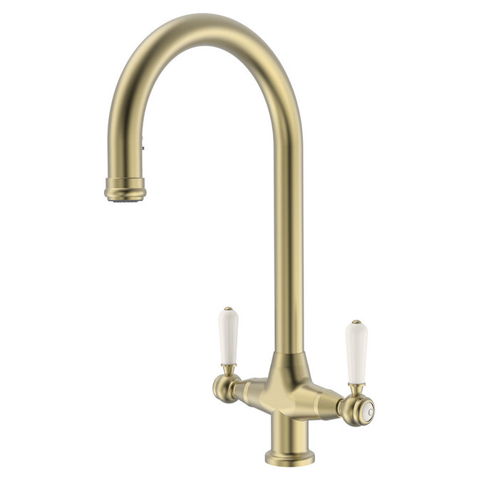 Bower Traditional Brushed Brass Dual-Lever Kitchen Tap with Pull-Out Rinse