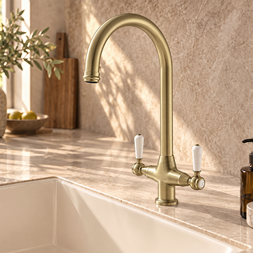 Bower Traditional Brushed Brass Dual-Lever Kitchen Tap with Pull-Out Rinse